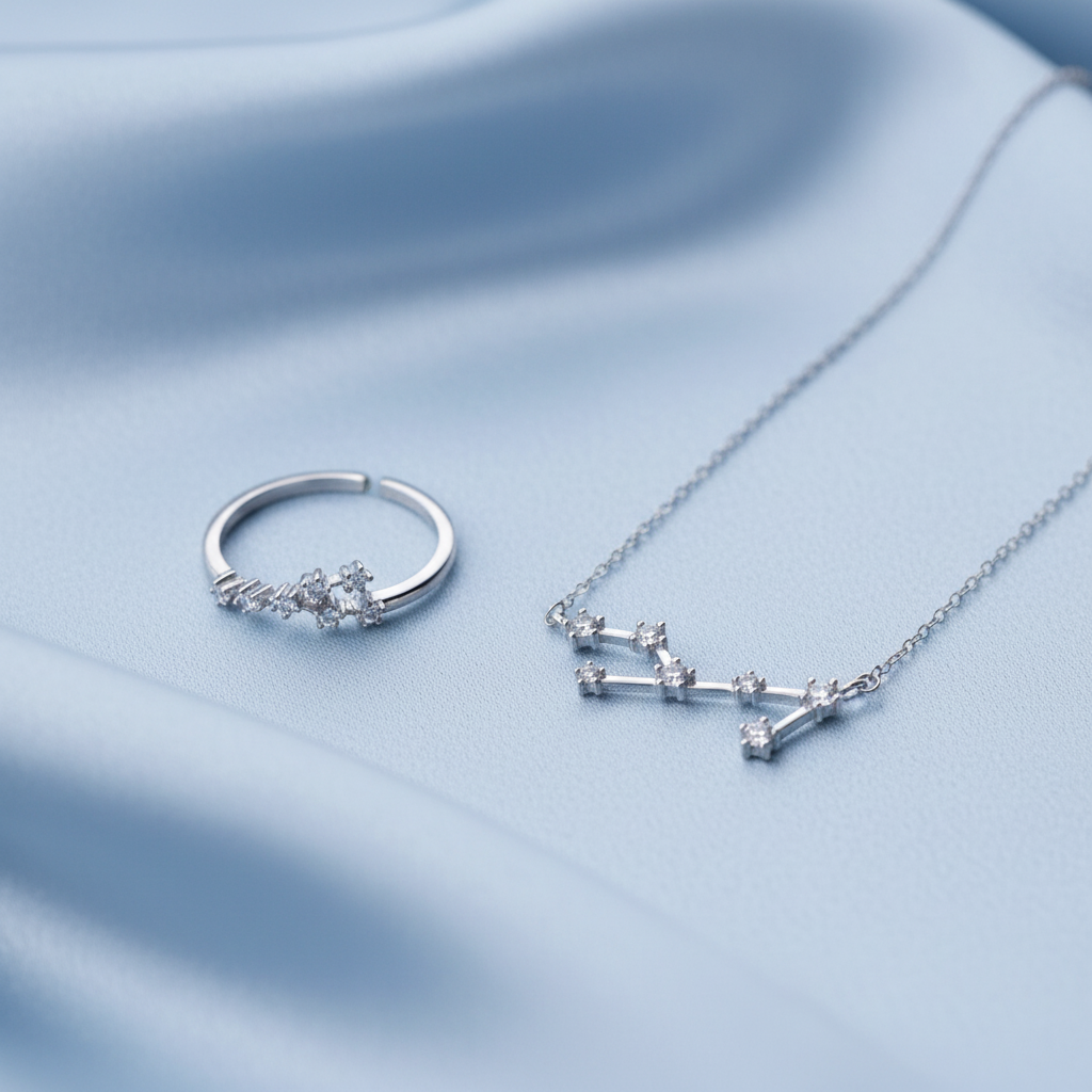 Silver Virgo Zodiac Necklace & Ring Bundle on a light blue background