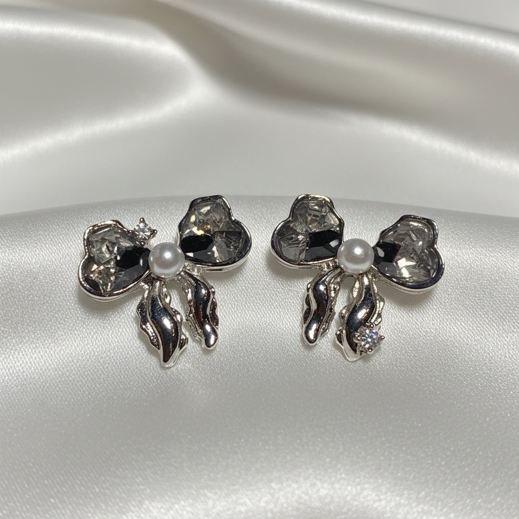 Smoky Crystal Bow Pearl Earrings