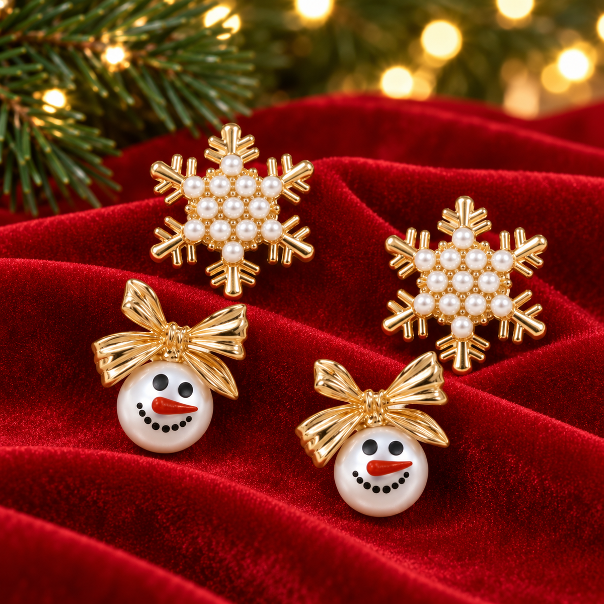 Snowflake & Snowman Earrings Bundle on red velvet