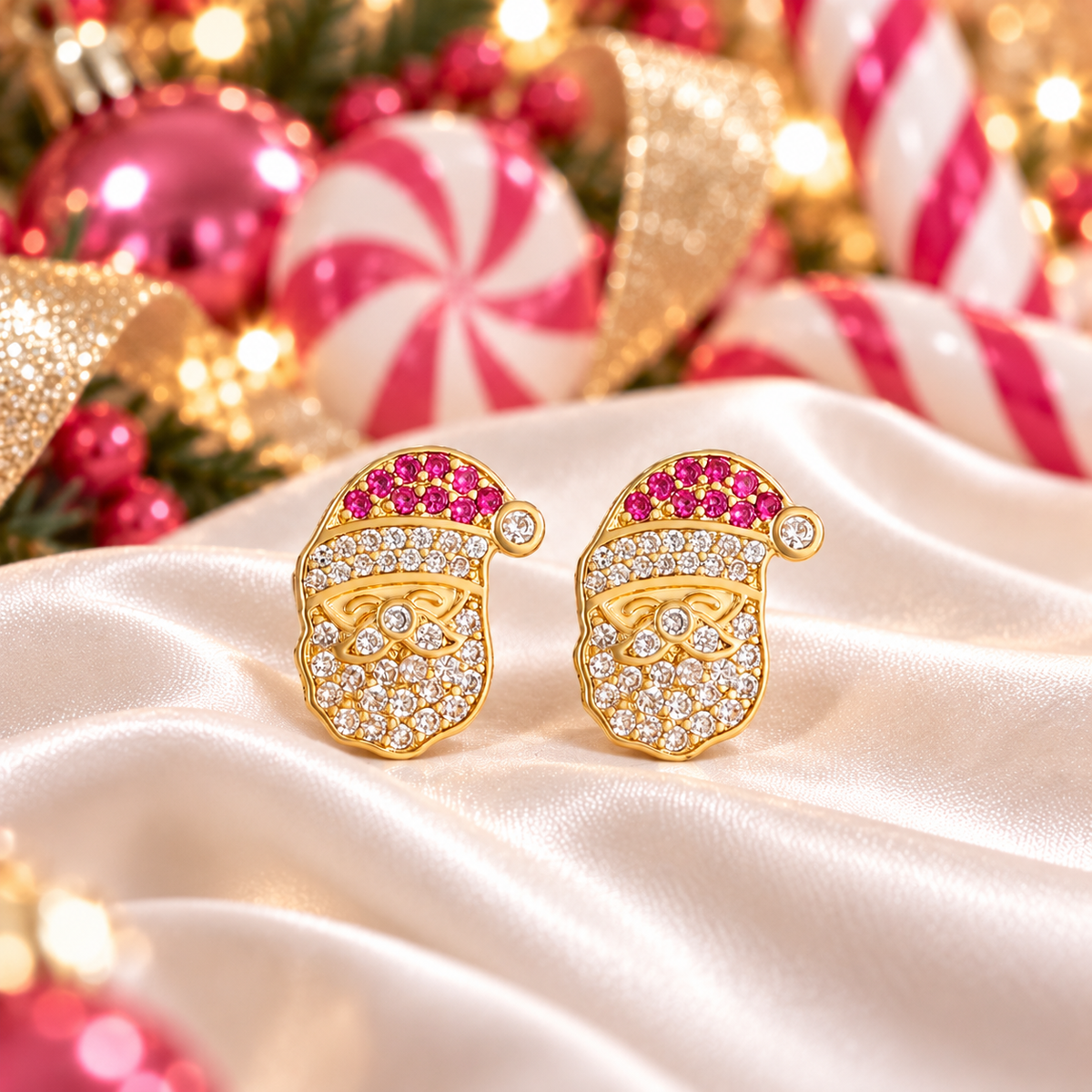 Pink Hat Pavé Santa Earrings