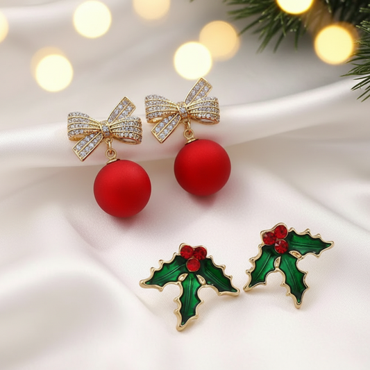 Red Berry Holly & Red Ornament Bow Earring Bundle