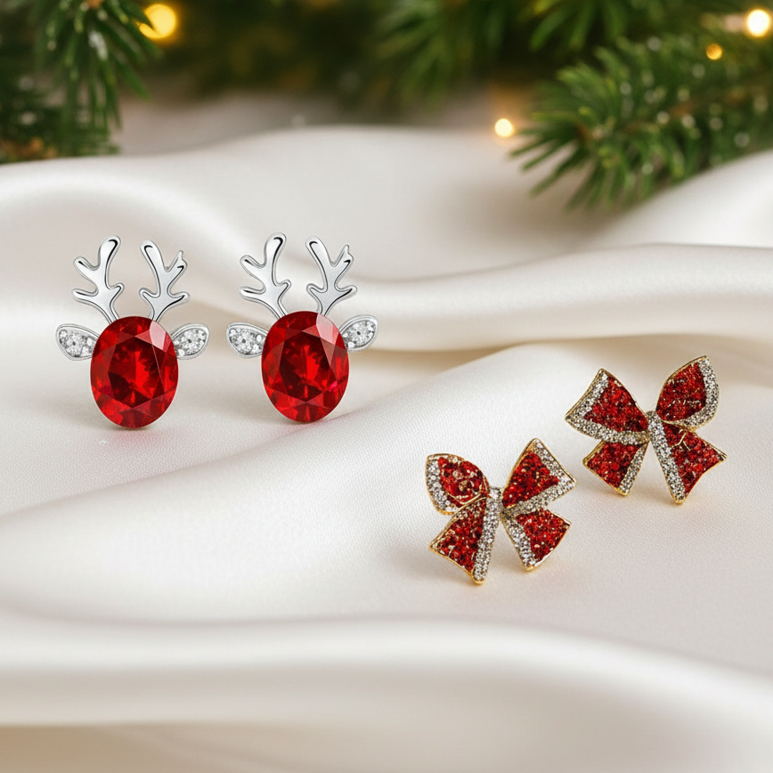 Holiday bundle with ruby reindeer earrings and red rhinestone bow earrings
