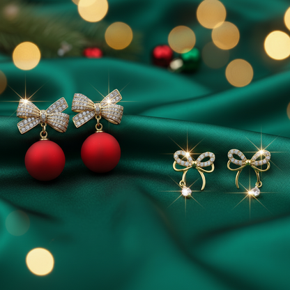 Red Ornament & Sparkling Gold Bow Earring Bundle on a green fabric background with festive lights.