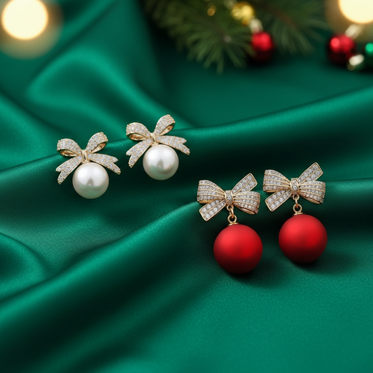 Holiday Red & White Ornament Bow Earrings Bundle with pearls and red ball earrings on a white background.