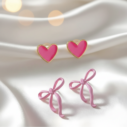 Pink Heart & Pink Bow Earrings Bundle on a white fabric background