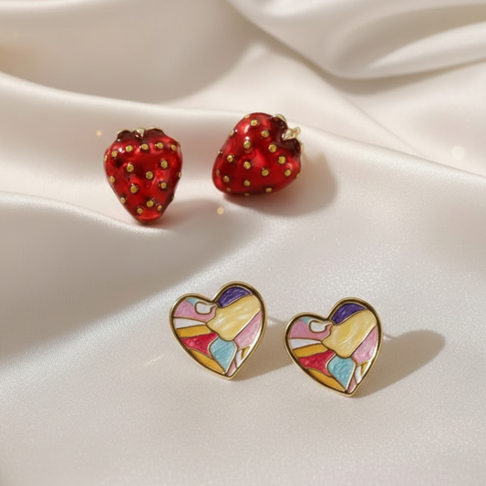 Ruby Red Strawberry & Mosaic Pastel Heart Earrings Bundle