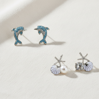 Blue Pavé Dolphin & Shell Pearl Starfish Earring Set