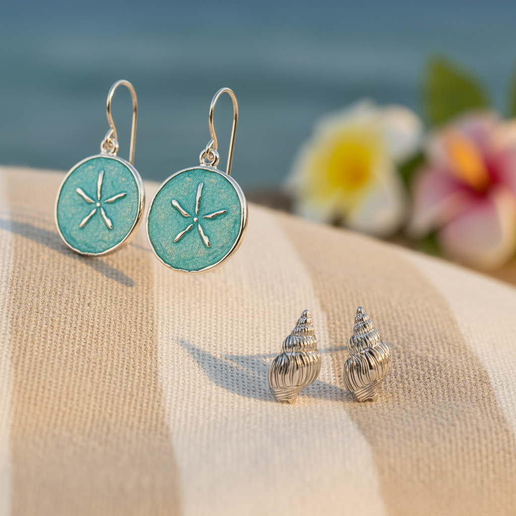 Seafoam Sand Dollar & Silver Seashell Earring Set
