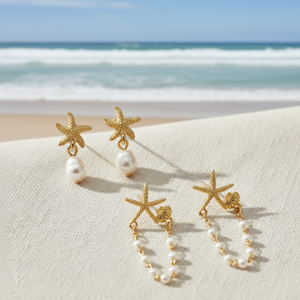Gold Starfish Pearl Drop & Shell Pearl Starfish Earring Set