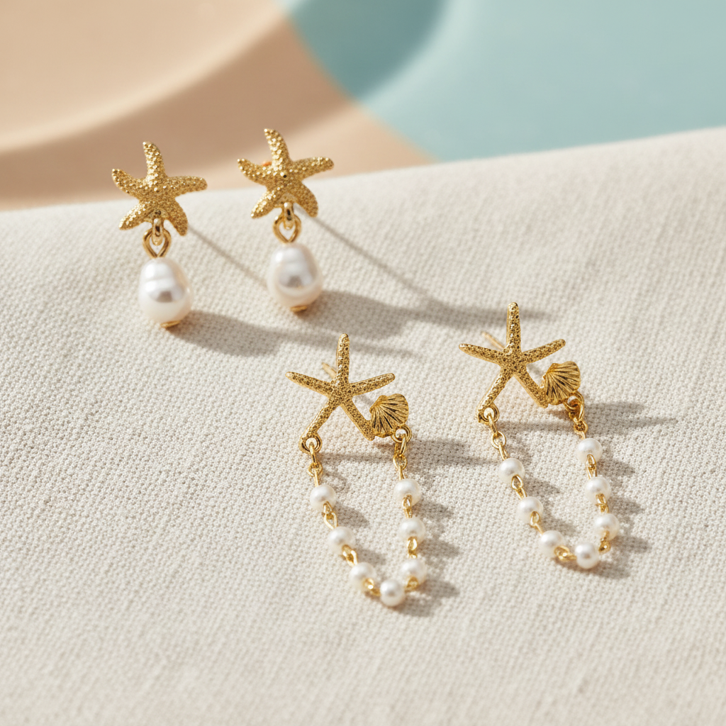 Gold Starfish Pearl Drop & Shell Pearl Starfish Earring Set