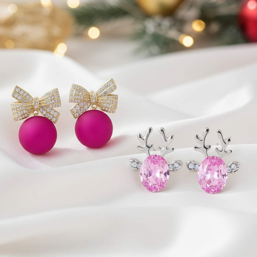 Pink Ornament Bow & Crystal Pink Reindeer Earring Bundle on a white surface with festive background.