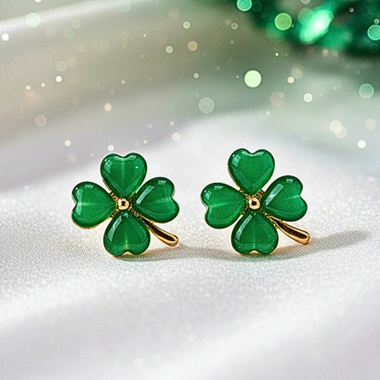 Green Four-Leaf Clover Shamrock Earrings on a white background