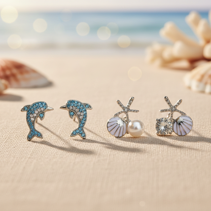 Blue Pavé Dolphin & Shell Pearl Starfish Earring Set