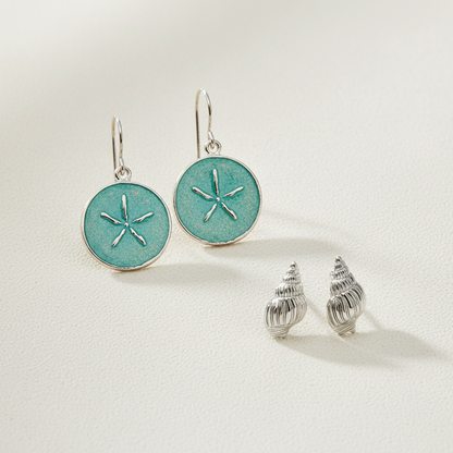 Seafoam Sand Dollar & Silver Seashell Earring Set