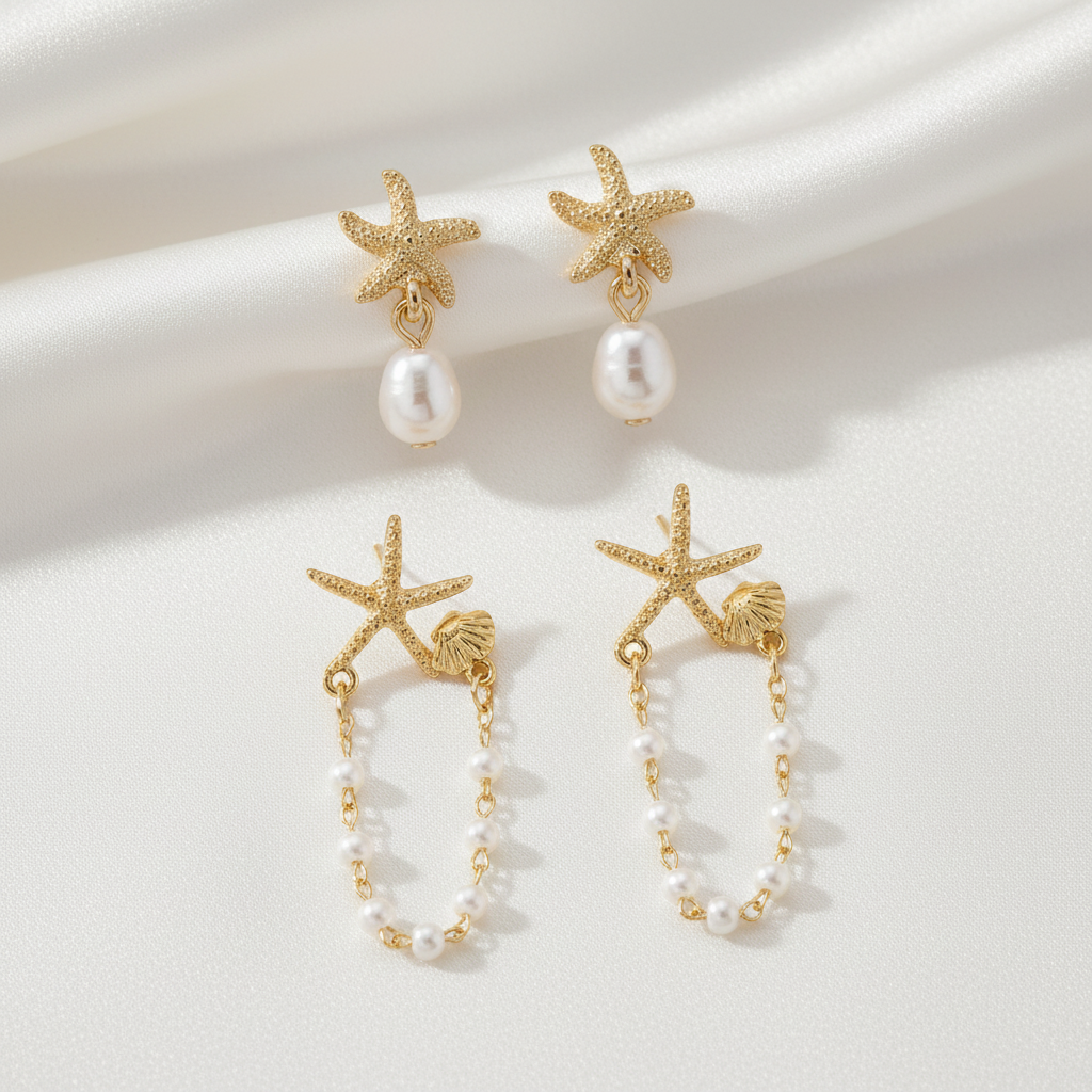 Gold Starfish Pearl Drop & Shell Pearl Starfish Earring Set