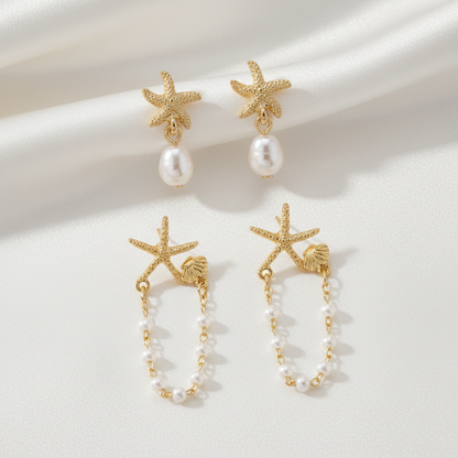 Gold Starfish Pearl Drop & Shell Pearl Starfish Earring Set