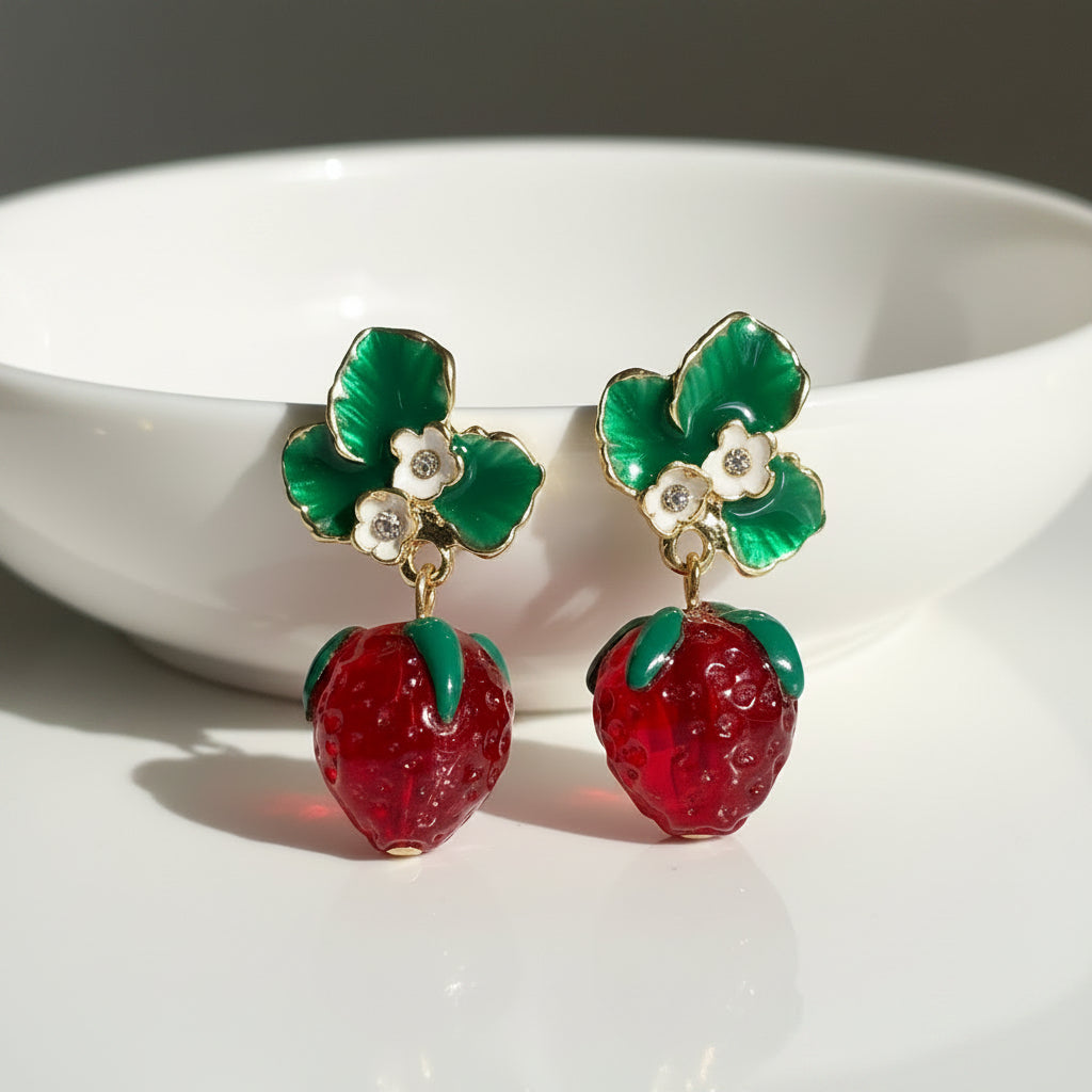 Strawberry Blossom Drop Earrings with bowl