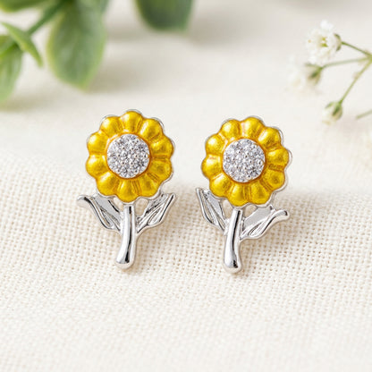 Sunflower Sparkle Earrings on cream linen