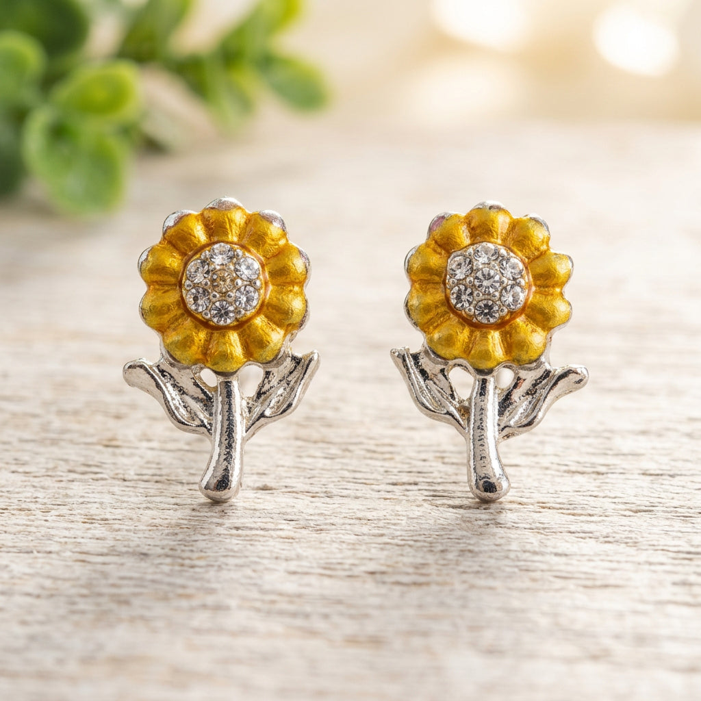 Sunflower Sparkle Earrings on wood