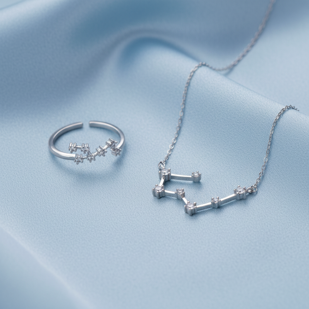 Silver Taurus Zodiac Necklace & Ring Bundle on a light gray background