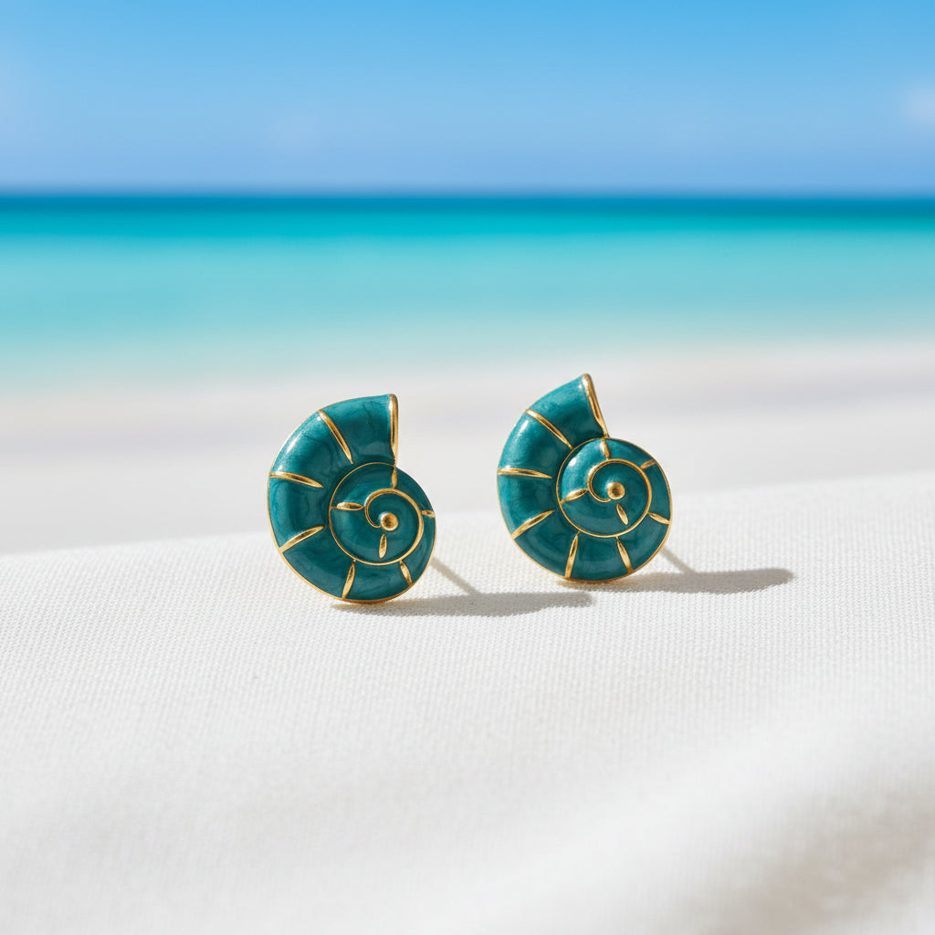 Turquoise Nautilus Shell Earrings on beach