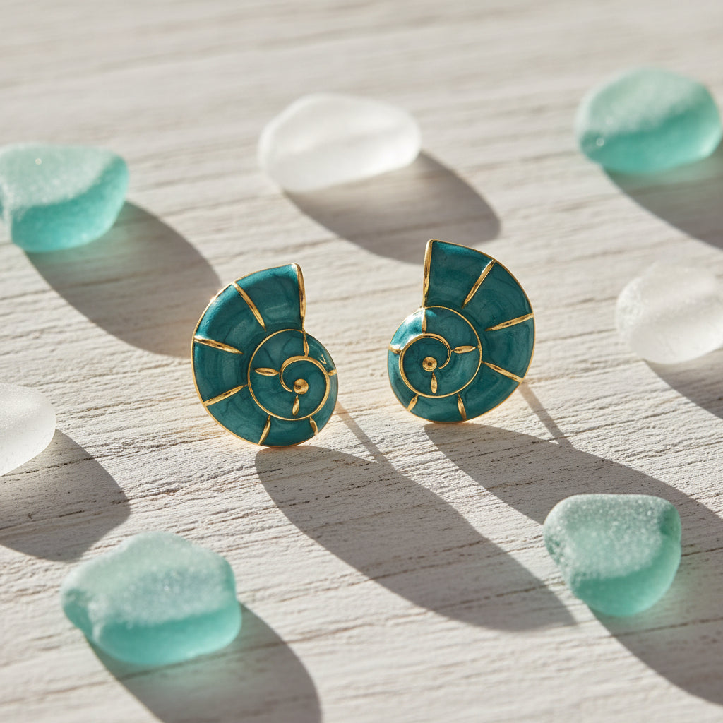 Turquoise Nautilus Shell Earrings with sea glass
