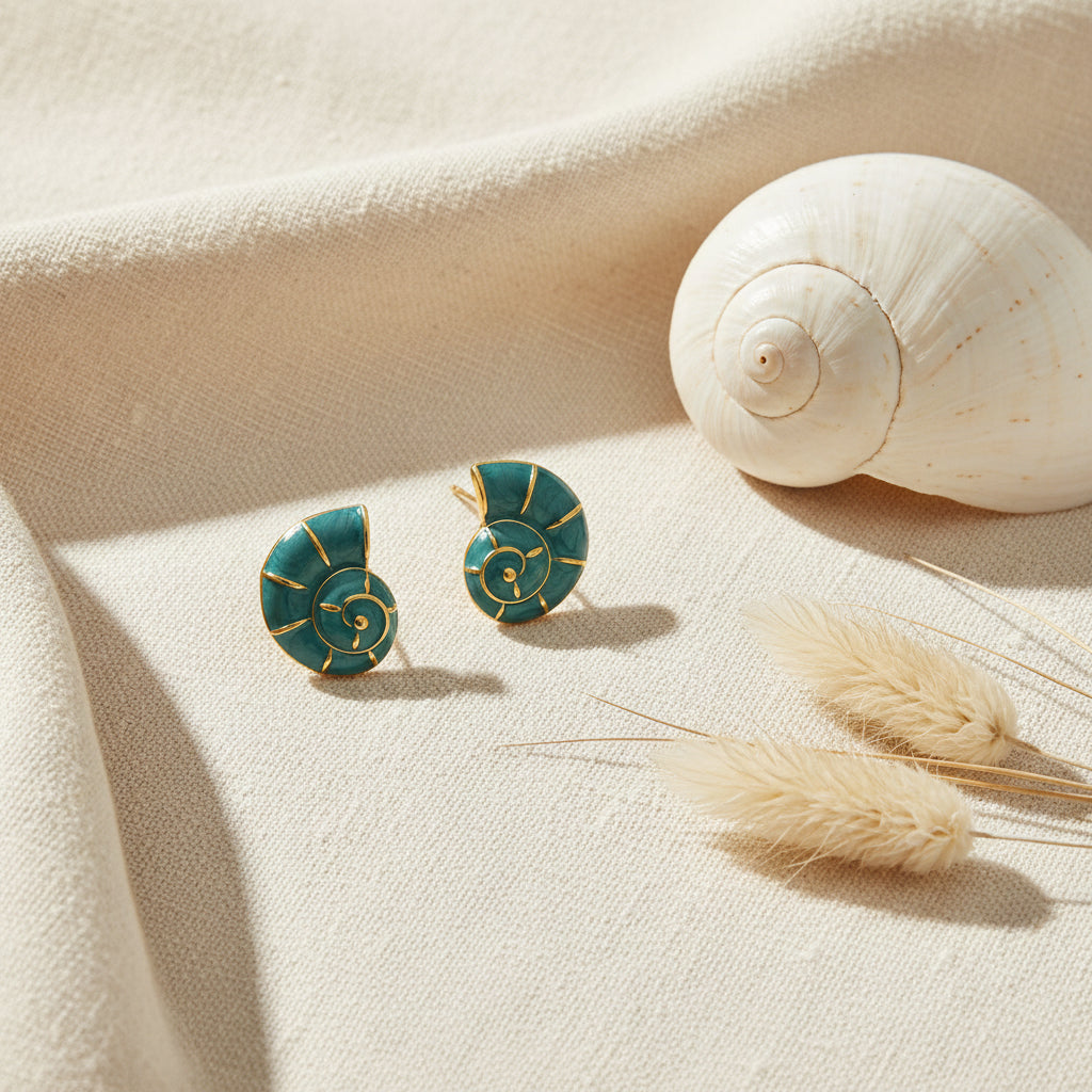 Turquoise Nautilus Shell Earrings with shell on linen