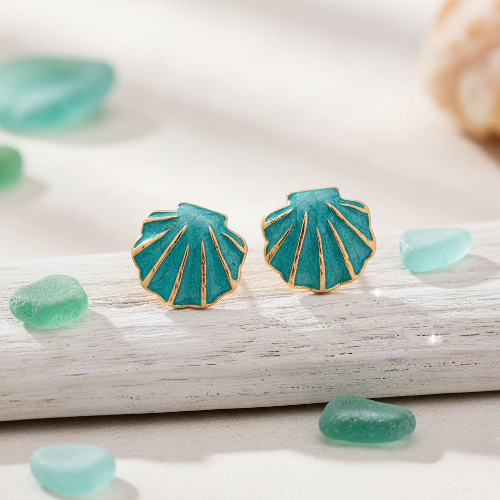 Turquoise Seashell Earrings on driftwood with sea glass