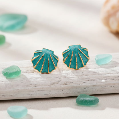Turquoise Seashell Earrings on driftwood with sea glass