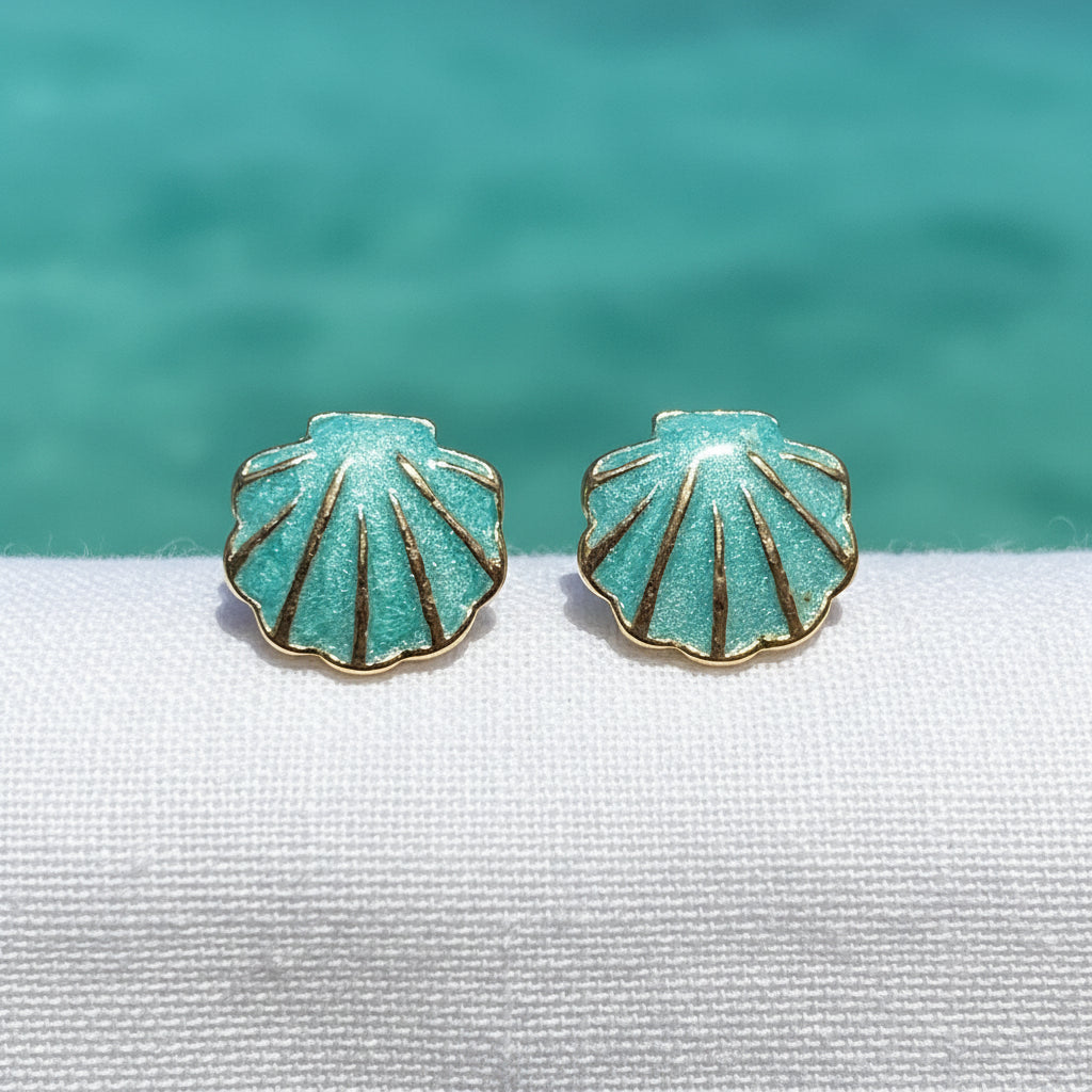 Turquoise Seashell Earrings on white linen