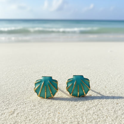 Turquoise Seashell Earrings on beach