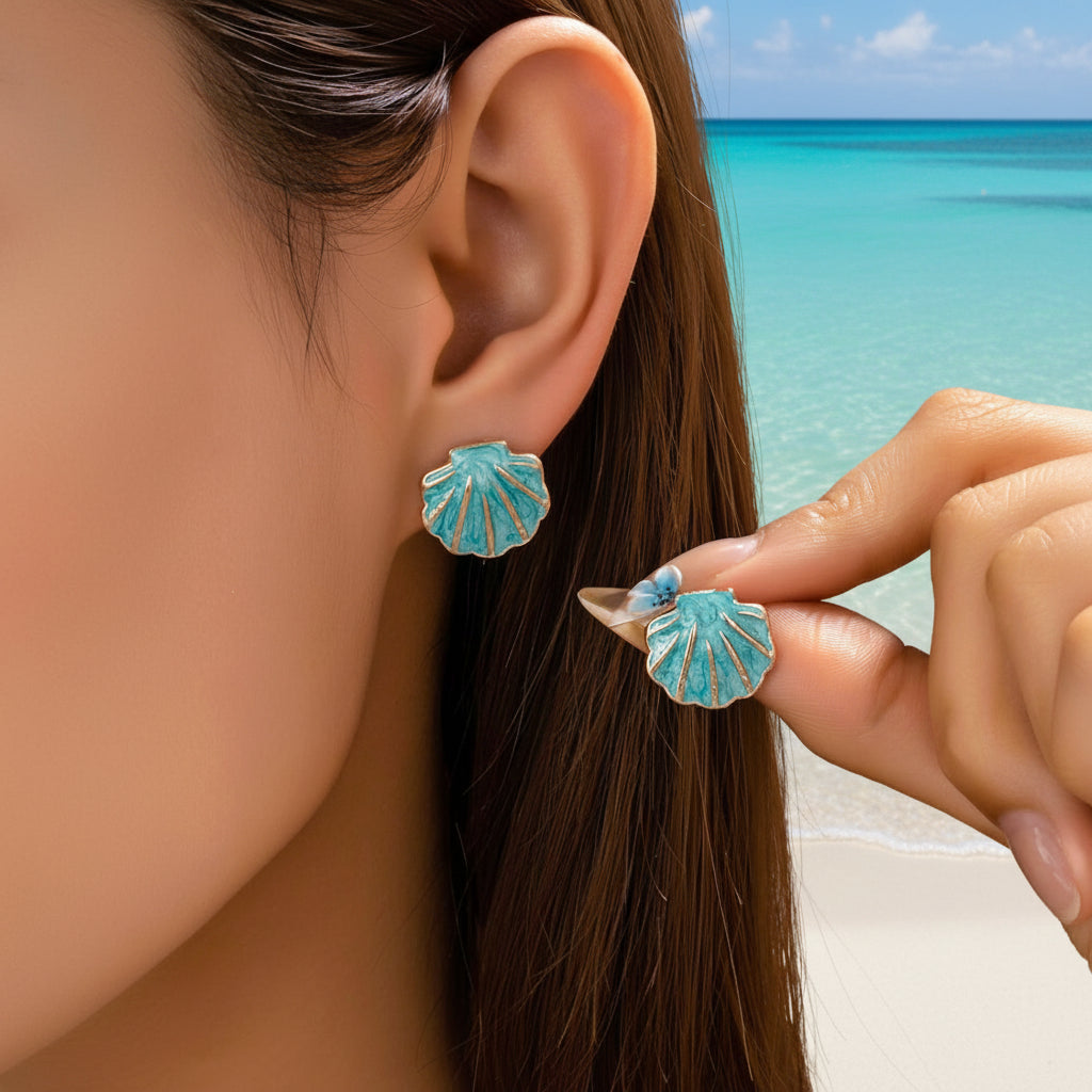 Woman wearing Turquoise Seashell Earrings on a beach