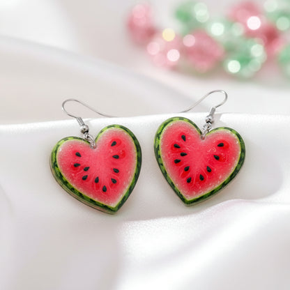 Watermelon Heart Earrings on white satin