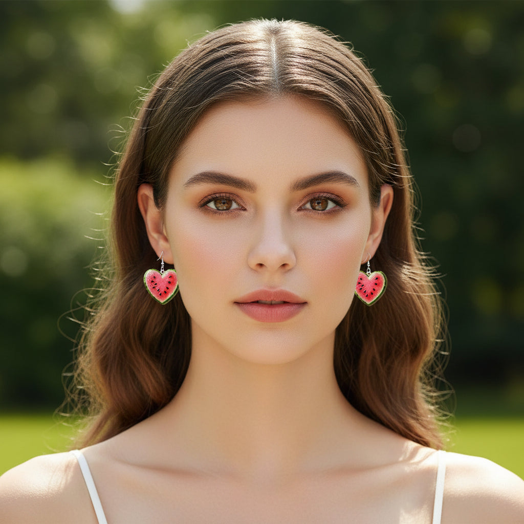 Woman wearing a pair of Watermelon Heart Earrings