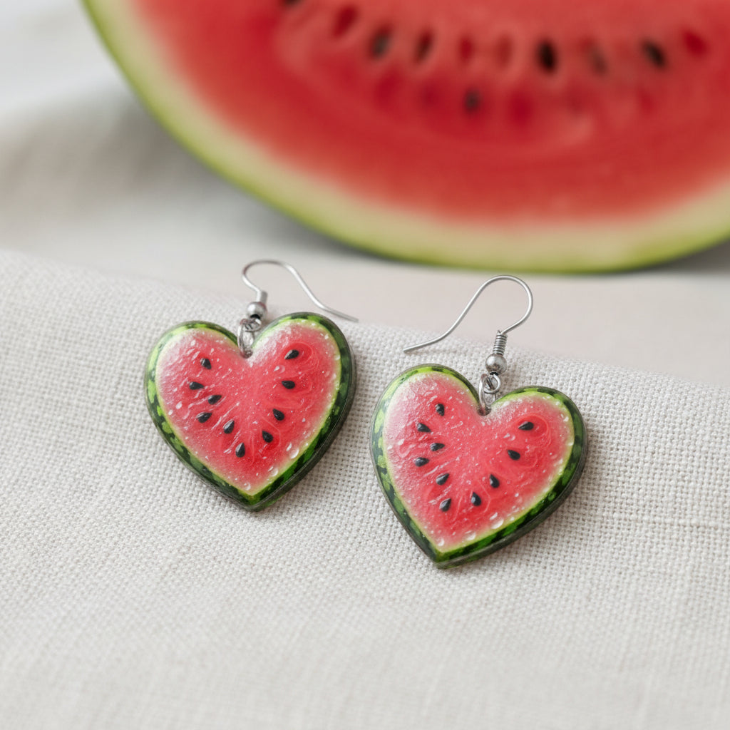 Watermelon Heart Earrings on linen