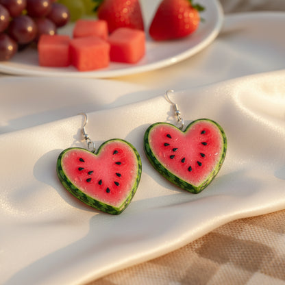 Watermelon Heart Earrings on table with fruit