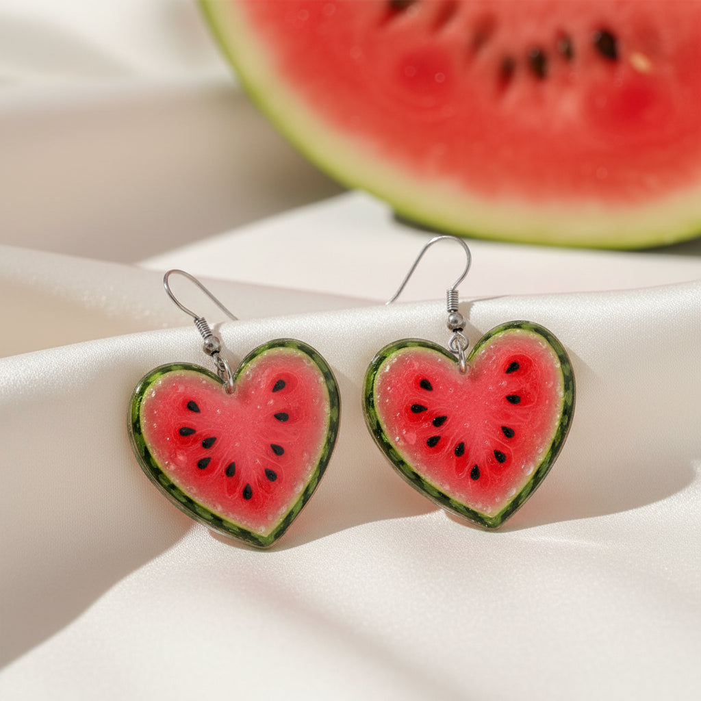 Watermelon Heart Earrings on table with watermelon