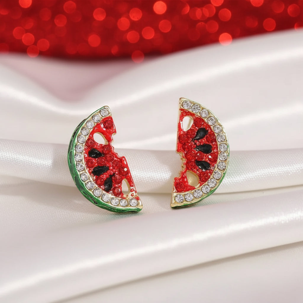 Watermelon Pavé Earrings with rhinestones on a white and red background