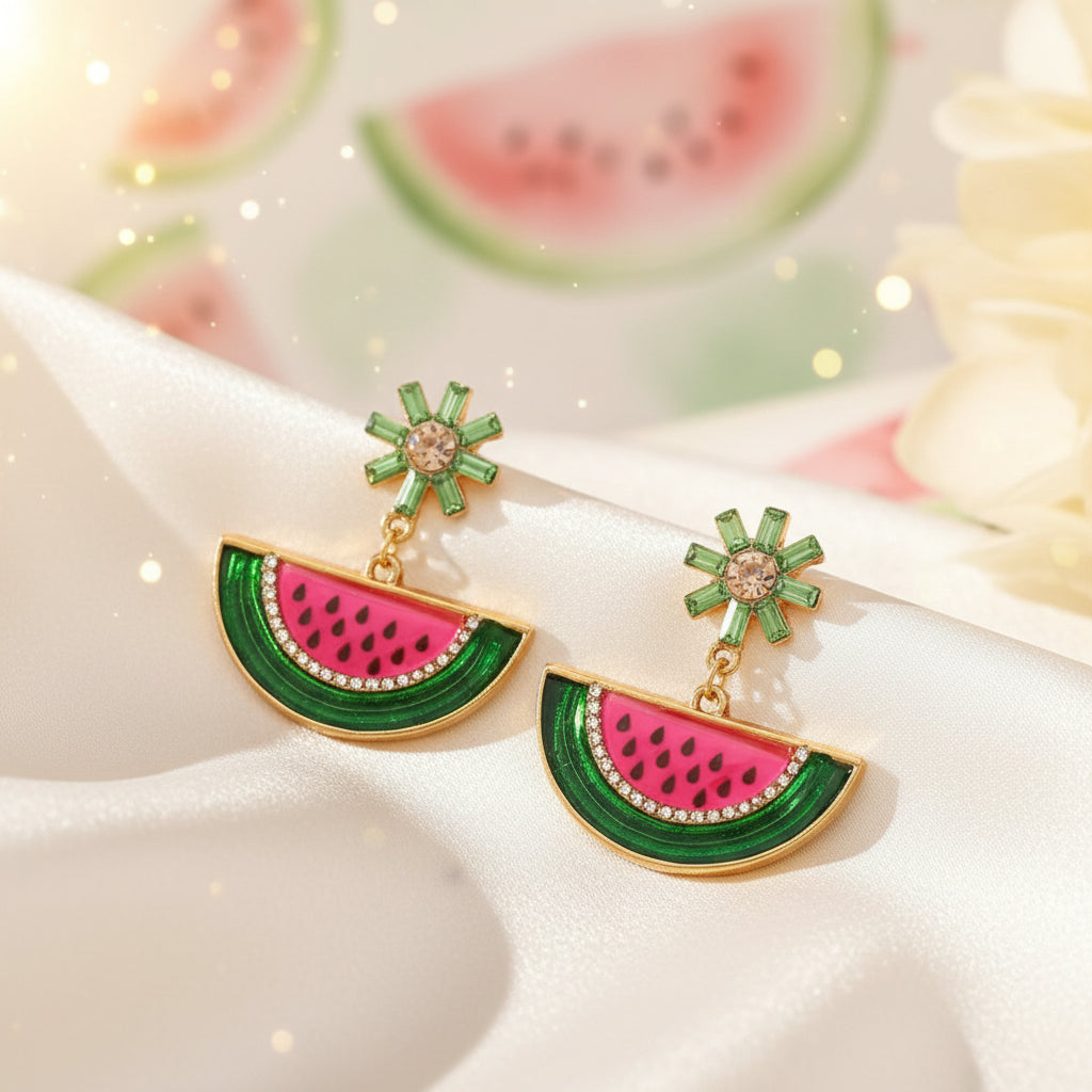 Watermelon Slice Dangle Earrings with green leaves on a beige background