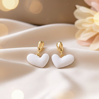 White Heart Drop Earrings on white, flower