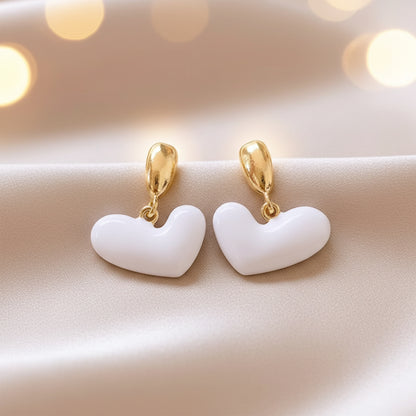 White Heart Drop Earrings, plain background