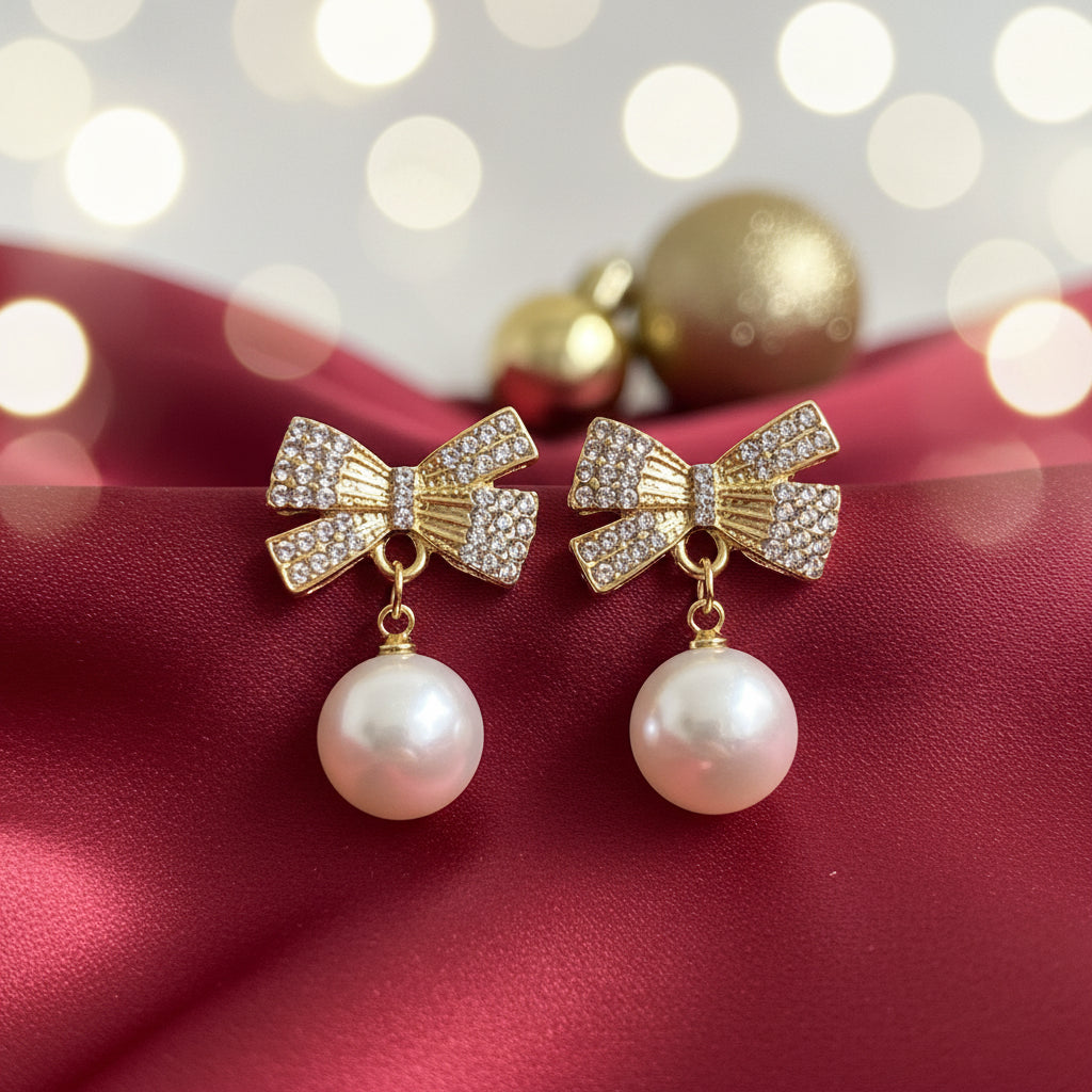 White Ornament Pavé Bow Earrings