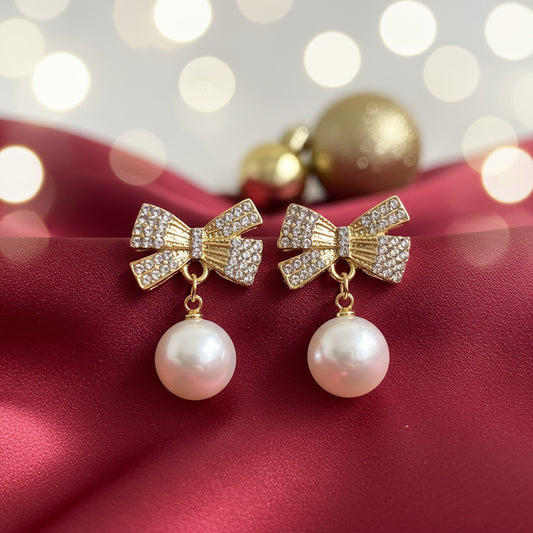White Ornament Pavé Bow Earrings