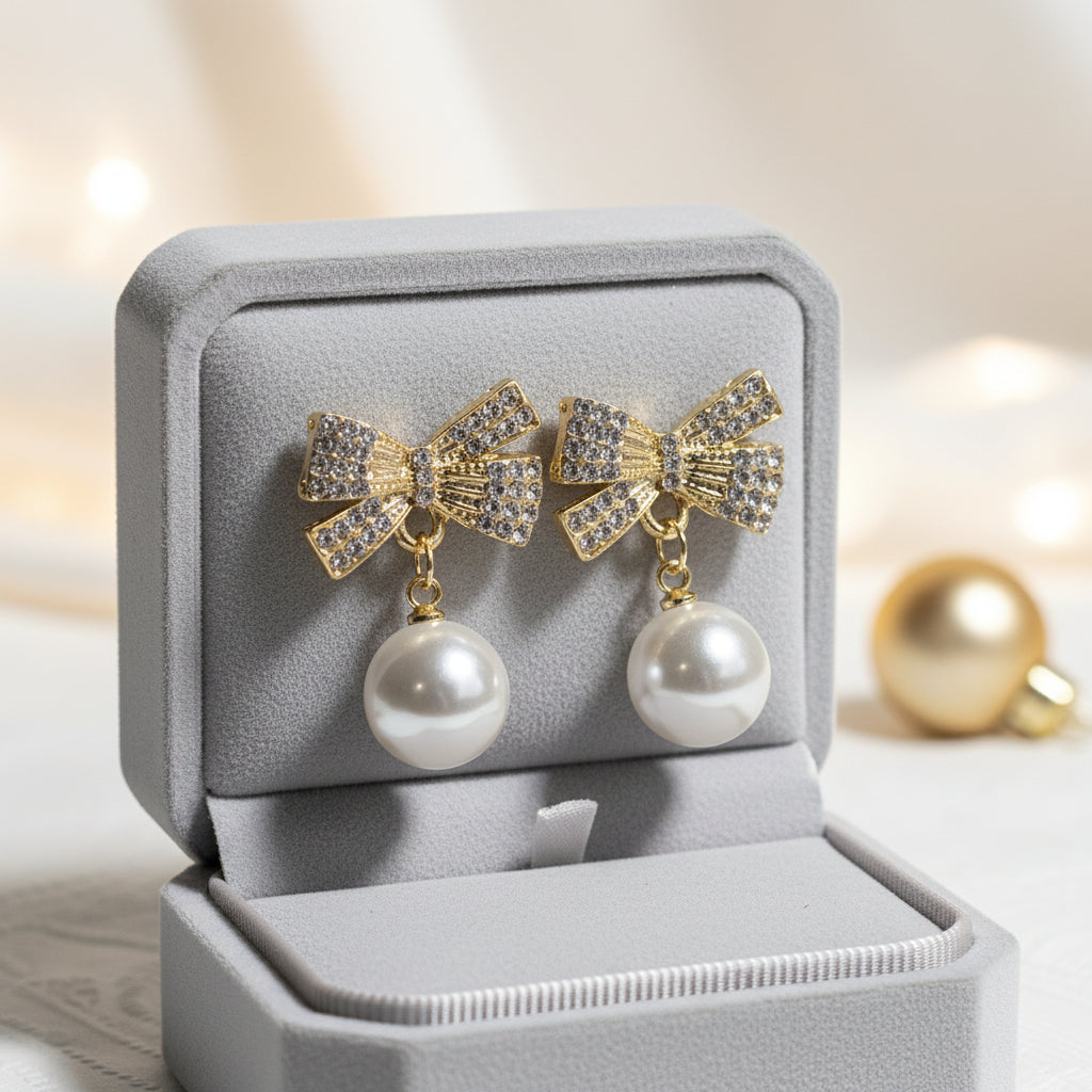 White Ornament Pavé Bow Earrings grey box
