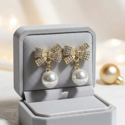 White Ornament Pavé Bow Earrings grey box