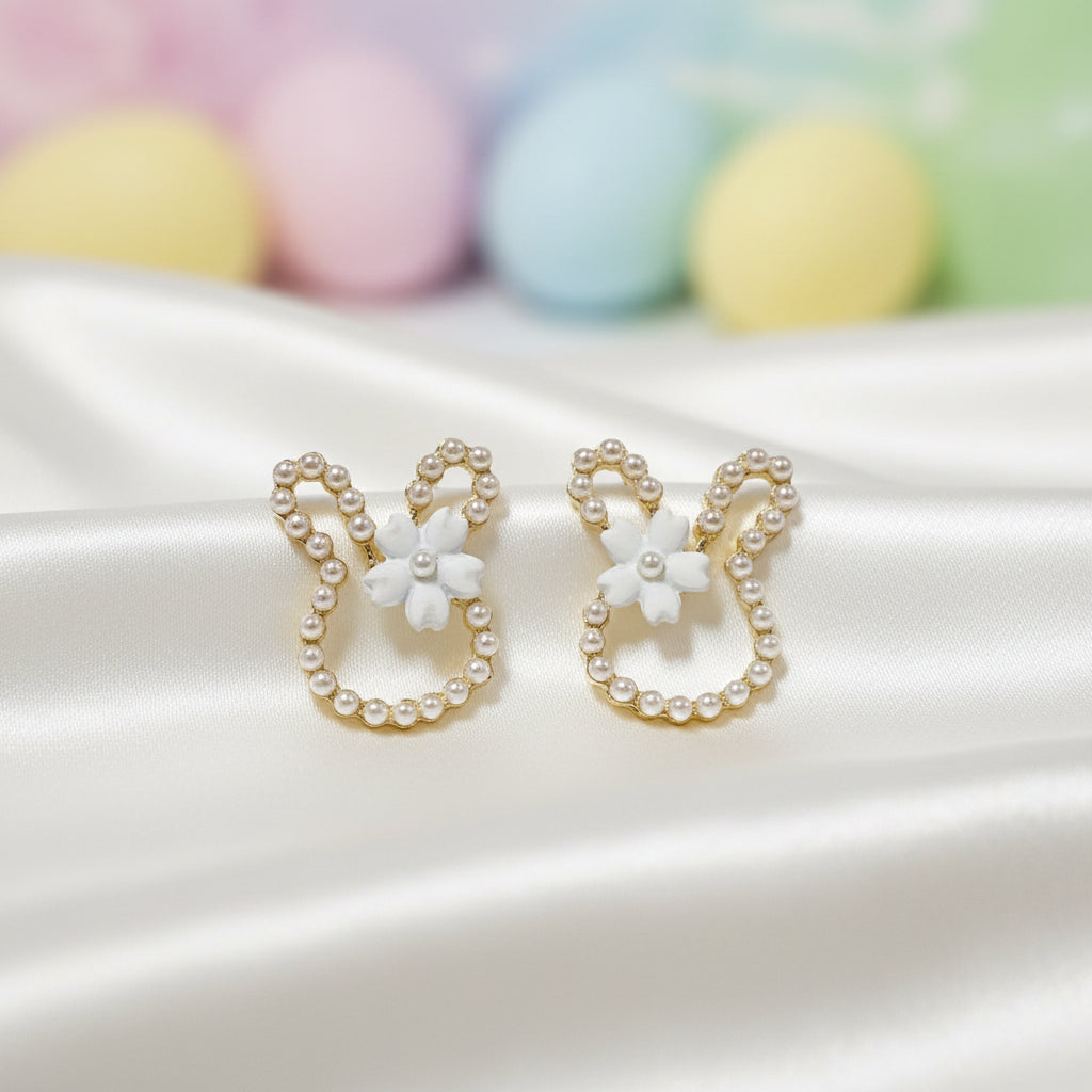White Pearl Bunny Blossom Earrings