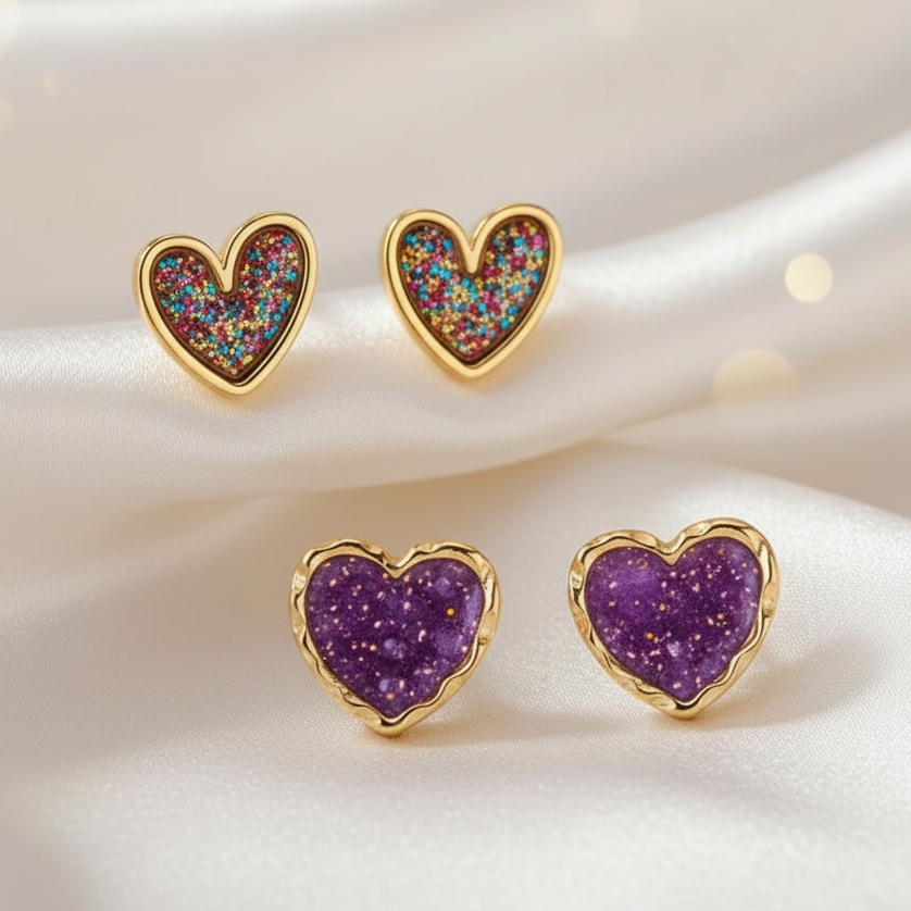Confetti Glitter & Purple Gold Dust Heart Earrings Bundle on a soft white background