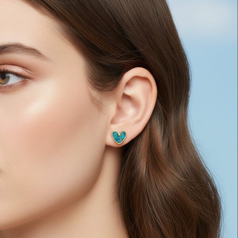 Woman wearing Turquoise Glitter Heart Earring
