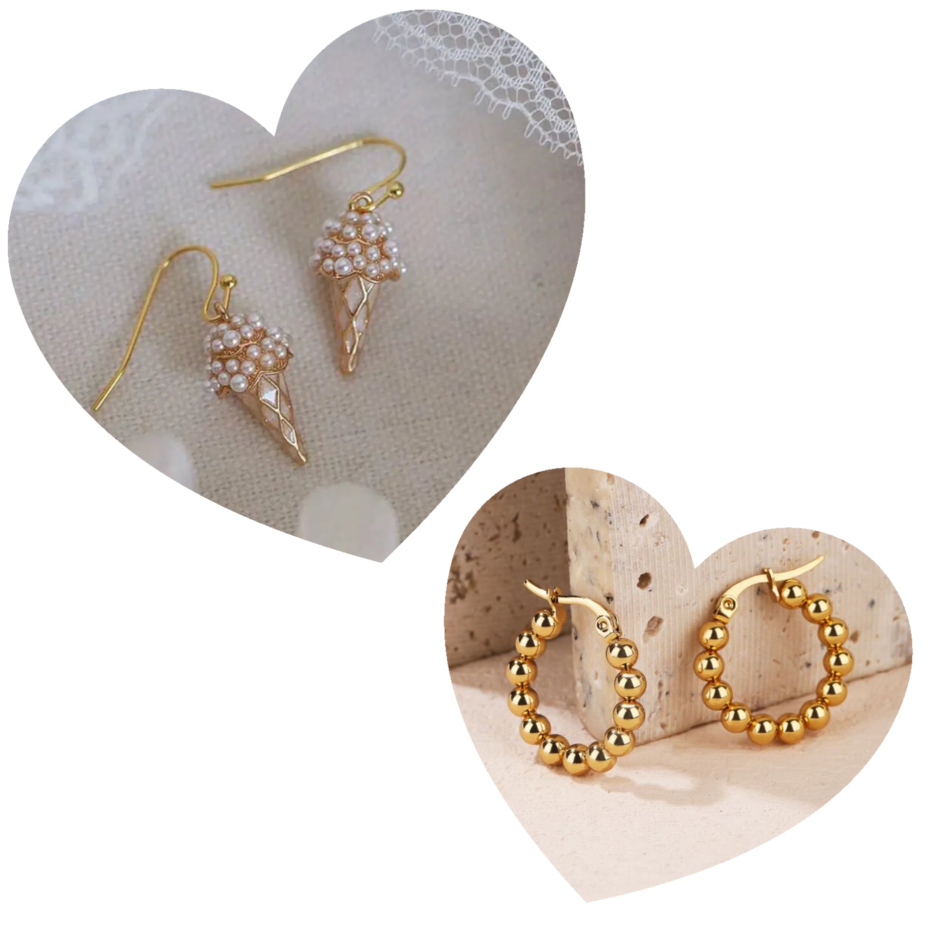 Gold ice cream cone-shaped earrings on a heart-shaped stone with gold hoop earrings on another heart-shaped stone.