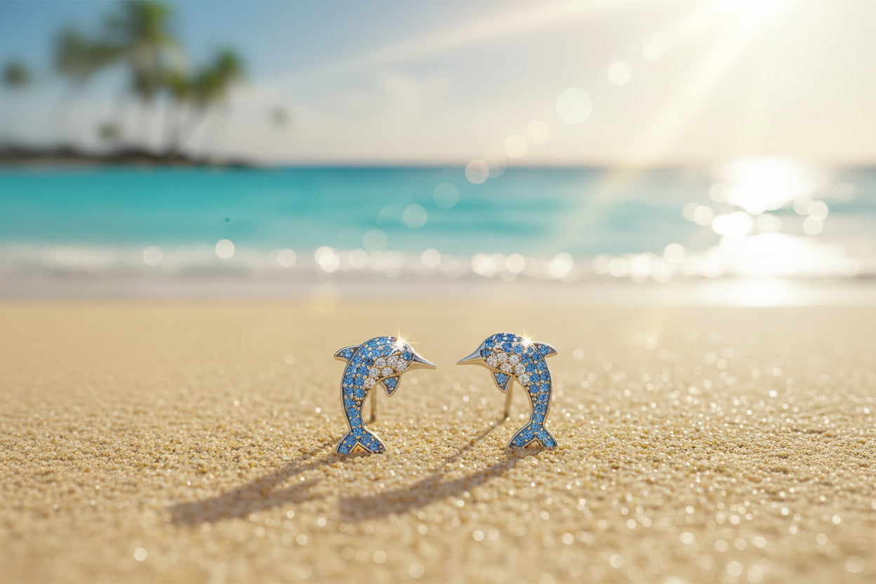 Dolphin-shaped earrings on a sandy beach with ocean in the background